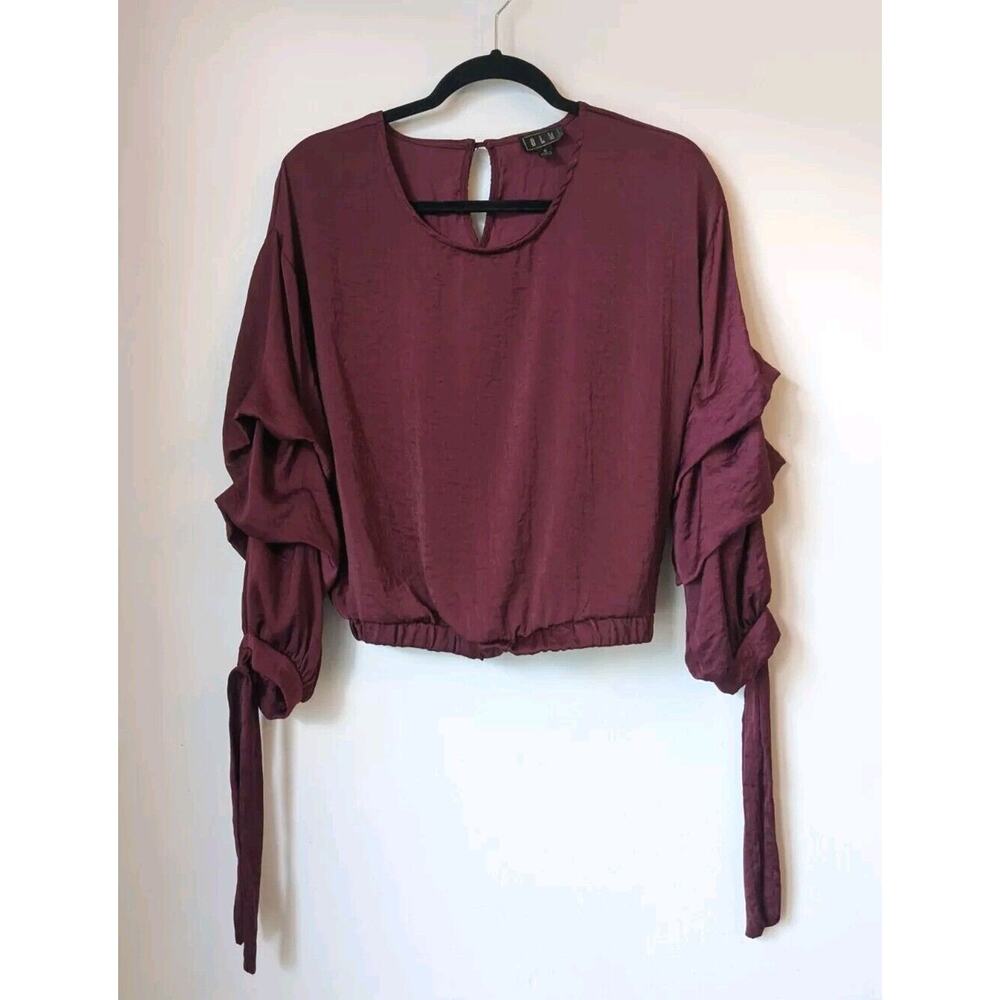 OLM 3/4 Crop Top Womens Casual Puff Sleeve Mock Blouse Burgundy Size Small